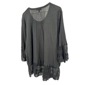 Ellos Womens 2X Tunic Top Black Crochet Trim Pintuck Button Down 3/4‎ Sleeve
